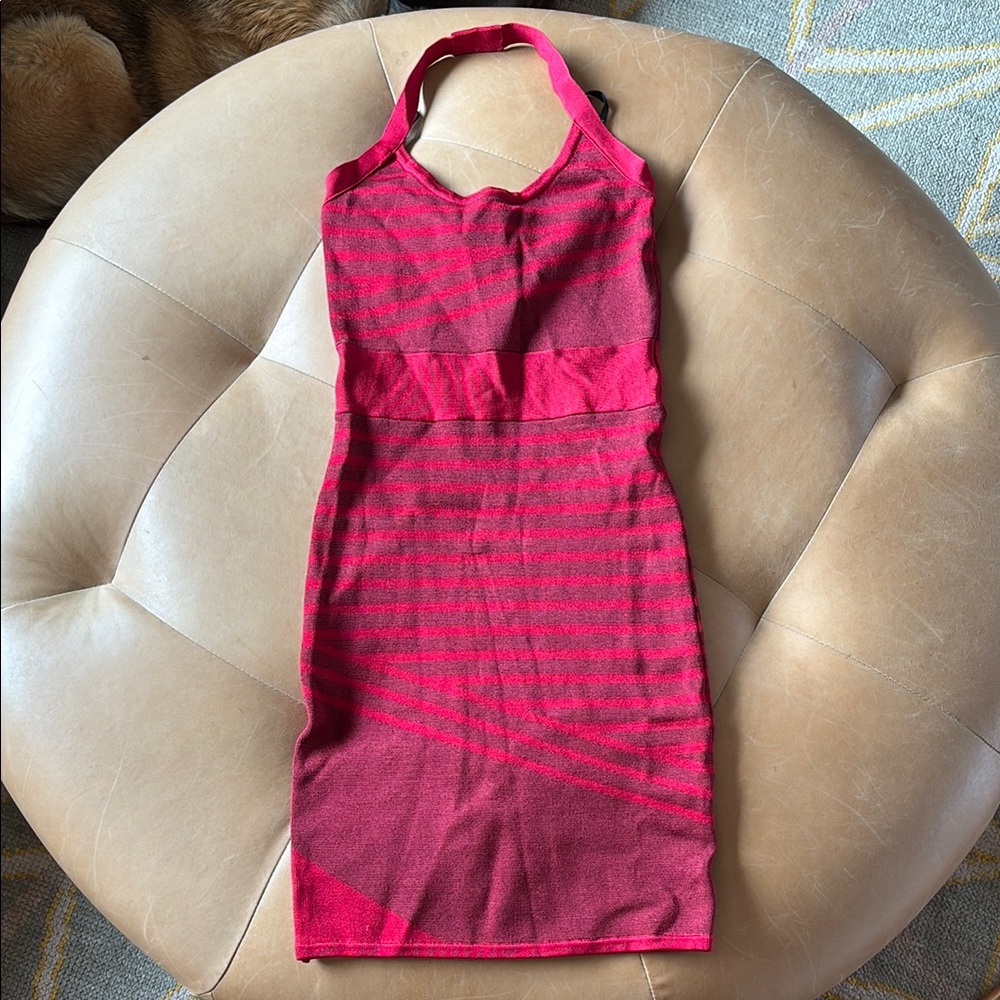 Bebe Vibrant Red striped bodycon Halter Dress